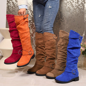 [Solid Color Trendy Boots] Women's Solid Color Trendy Boots, Buckle Belt Pull On Chunky Heel High Knee Boots, Winter Round Toe Slouchy Boots