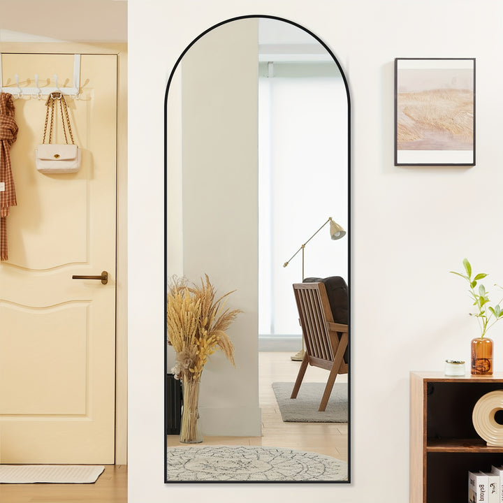 Miroir plein longueur noir arqué 64"x21", miroir mural debout, incliné ou monté pour chambre, salon, vestiaire, miroir en aluminium, moderne