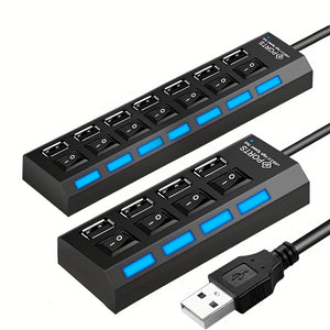 WHXMSH High-Speed USB 2.0 Hub - Expand Your Device's Connectivity with 4/7 Ports, LED Indicator Switches, Compact & Lightweight Design for PC & Laptop - Black