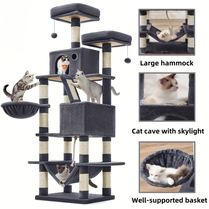 Feandrea 66.1/44.1in Cat Tree, Large Cat Tower with 13 Scratching Posts, 2 Perches, 2 Caves, Hanging Basket & Hammock, Pompoms, Stable Kitty Play House, Multi-Level Plush Cat Condo for Indoor Cats, Easy to Assemble, Perfect G