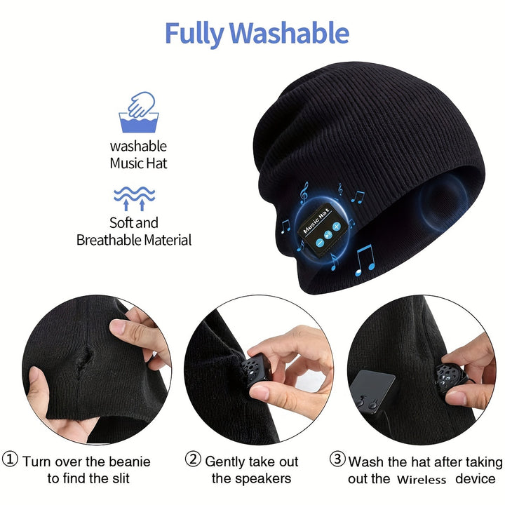 Wireless Musical Beanie Hat for Men and Women, USB Rechargeable with Built-in Battery, Knitted Acrylic, Elastic Fit, Lightweight - Grey