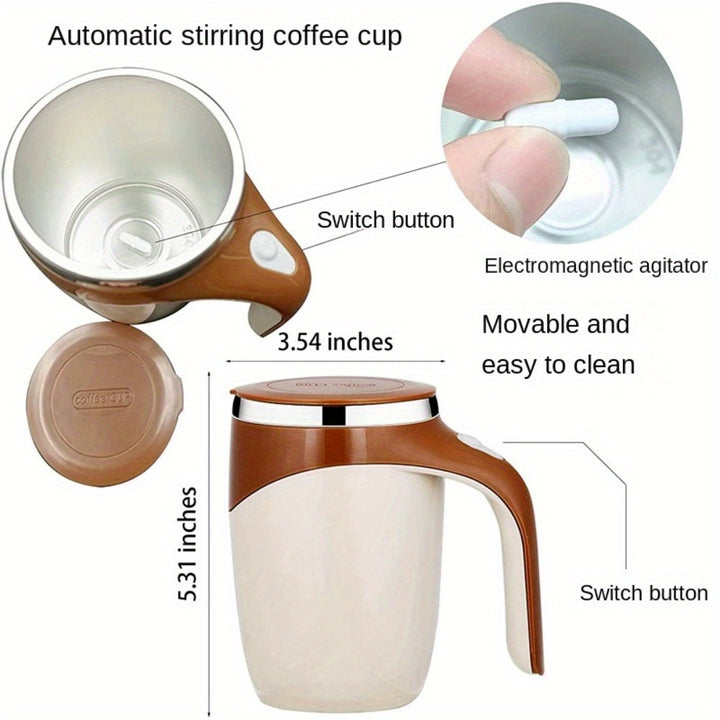 Tazza da caffè auto-miscelante da 12,85 oz - Miscelazione senza sforzo con un solo tocco, ricaricabile USB, acciaio inossidabile e ABS, bianca con accenti marroni - Perfetta per casa, ufficio, palestra, scuola, tazza da caffè