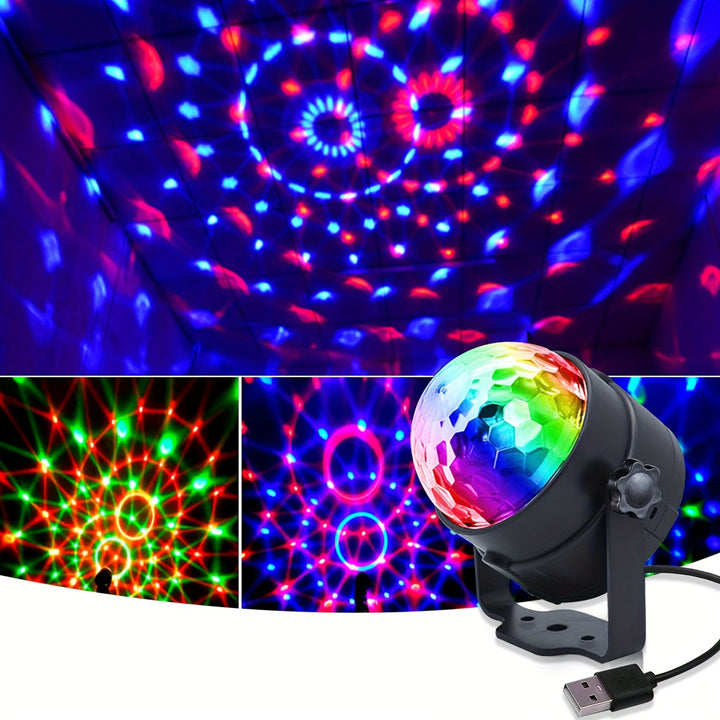 1pc Voice-Controlled RGB Disco Ball Light with Remote - 7 Modes, USB Powered, Color-Changing LED for Home, Parties, Karaoke, Weddings | Sleek Black Design with Adjustable Stand