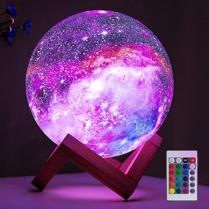 16 Colors 3D Star Moon Lamp - Wooden Stand, Remote Control, USB Plug-in, Perfect Birthday Gift for Lovers (5.9 Inches)