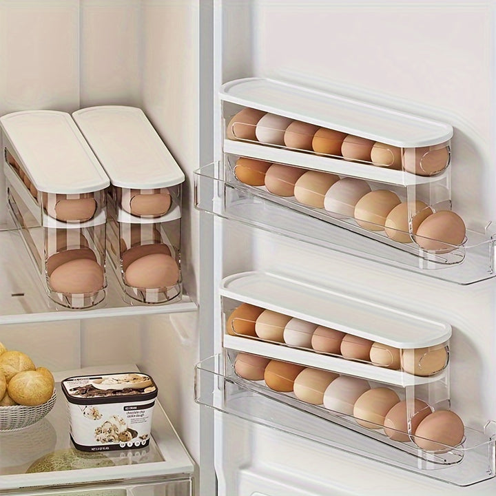 Caja de almacenamiento de huevos de doble capa y ahorro de espacio para refrigerador - Plástico duradero y lavable, no requiere baterías - Ideal para la organización del hogar