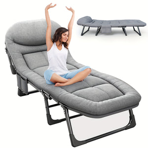 Stainless Steel Frame Folding Lounge Chair | Gray Polyester Cushion | Adjustable Headrest, Armrests & Side Pockets | Home, Camping, and Outdoor Relaxation