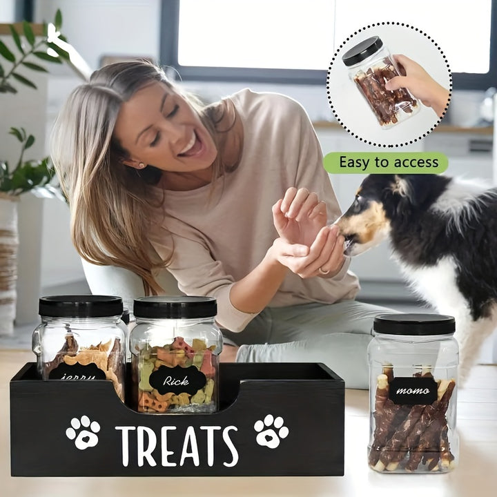 [1pc Airtight Wooden Pet Treat Holder] 1pc Wooden Pet Treat Holder with 3 Airtight Plastic Jars – Uncharged Container for Dog & Cat Food Storage – Durable Wood Material Farmhouse Style Organizer for Pet Treats