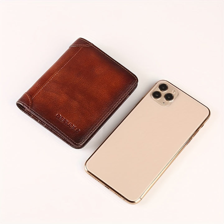 Men's Ultra-thin Double-folded Leather Front Pocket RFID Wallet with 2 ID Card Windows