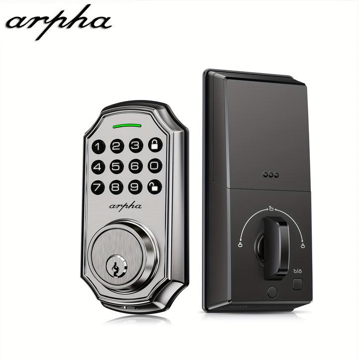 [Smart Keyless Entry Door Lock] Arpha Smart Keyless Entry Door Lock - Auto Lock/Unlock, 100 Code Anti-Peek Combination, Easy Installation, Low Battery Alarm, Strong & Heavy Zinc Alloy, Black & Orange, for Secure Home Access,