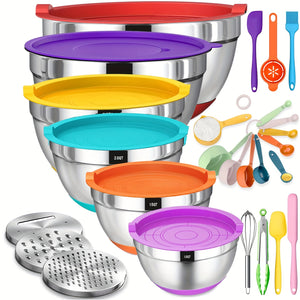 Mixing Bowls with Airtight Lids, 26 Pcs Stainless Steel Bowls Set, 3 Grater Attachments & Black Non-Slip Bottoms Size 7, 4, 2.5, 2.0, 1.5, 1QT