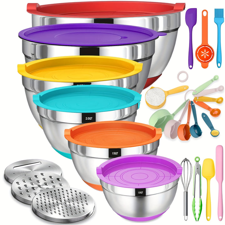 Mixing Bowls with Airtight Lids, 26 Pcs Stainless Steel Bowls Set, 3 Grater Attachments & Black Non-Slip Bottoms Size 7, 4, 2.5, 2.0, 1.5, 1QT