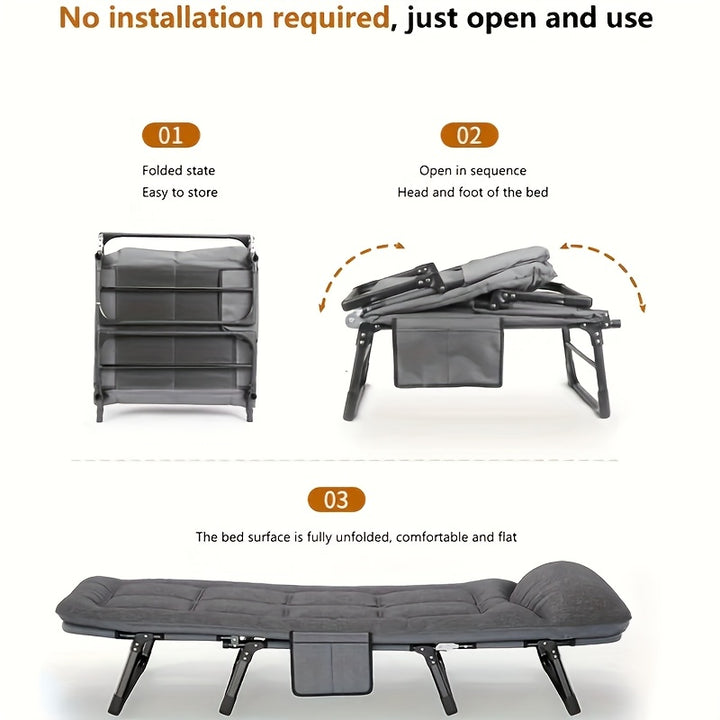 Stainless Steel Frame Folding Lounge Chair | Gray Polyester Cushion | Adjustable Headrest, Armrests & Side Pockets | Home, Camping, and Outdoor Relaxation