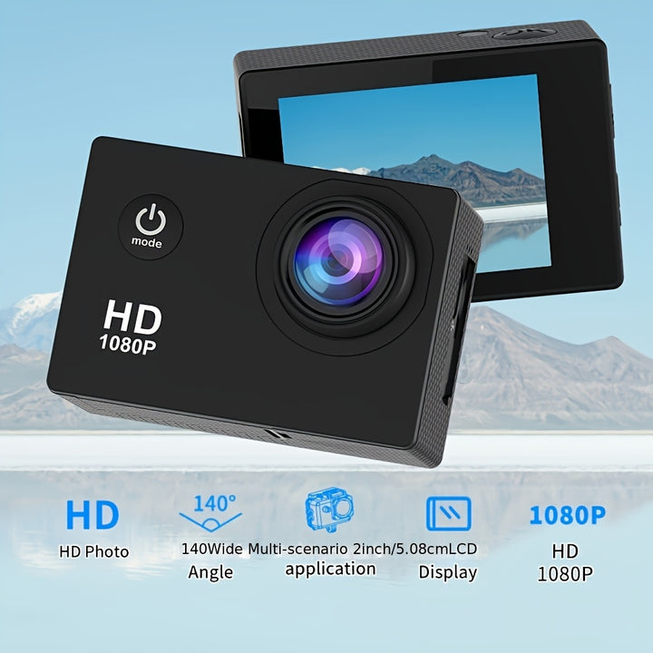 1080P HD Action Camera with 140° Wide Angle, 5.08cm LCD Display, Digital Image Stabilization, Auto Exposure, Fisheye Lens, Rechargeable Battery, USB Power, SD Card Slot, MP4 File Format - Ideal for Outdoor Sports Recording