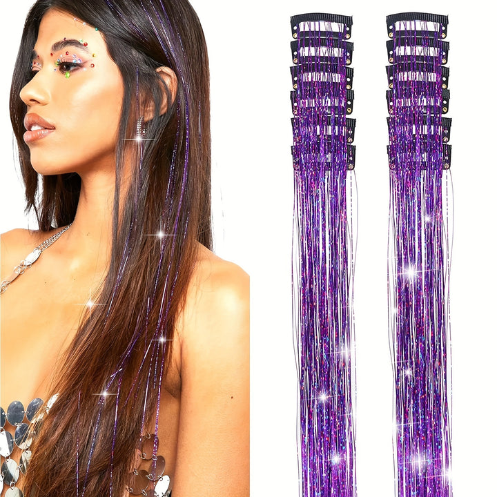 12Pcs Hair Tinsel Clip In 19.6Inch Tinsel Hair Extensions Clip In Hair Tinsel Kit Heat Resistant Shiny Sparkle Glitter Hair Extensions Fairy Hair Accessories For Women