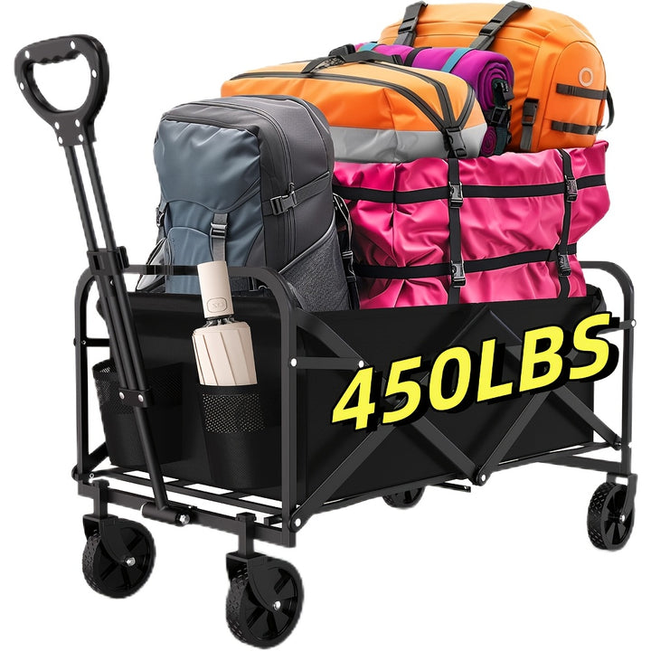 Versatile Heavy-Duty Beach Trolley - Foldable, 4-Wheel Cart with Lockable All-Terrain Wheels & Side Pockets, Large Capacity for Shopping, Sports, Camping