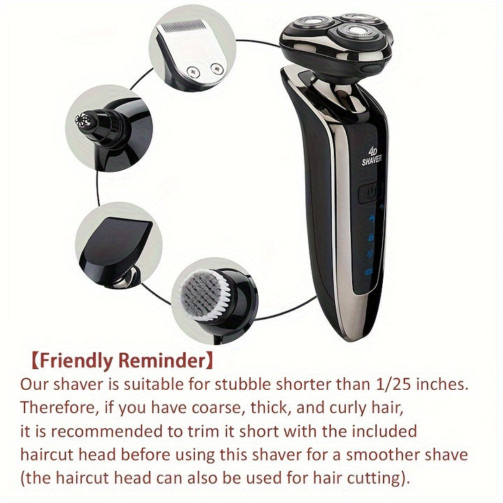 Rechargeable Full Body Washable Electric Shaver, For Men, With Nose And Sideburn Trimmers Plus Facial Cleansing Brush And Barber Heads - For A Smooth, Clean Shave. Rechargeable Full Body Washable Shaver, 3-Blade Head Shaver,