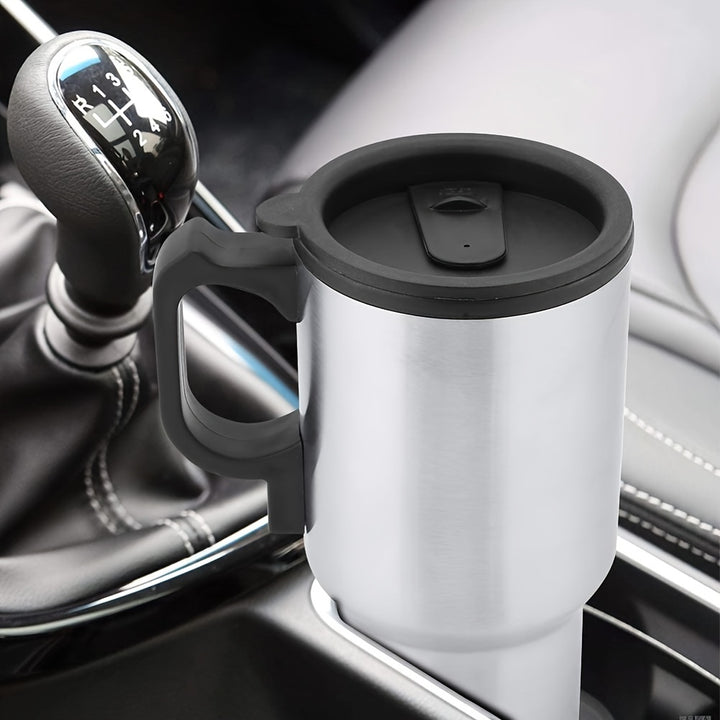 15.22oz Stainless Steel Car Heating Cup - Portable Insulated Travel Mug with 12V Cigarette Lighter, Spill-Proof Silicone Lid & Black Handle for Hot Drinks on the Go, Hot Coffee Travel Mug