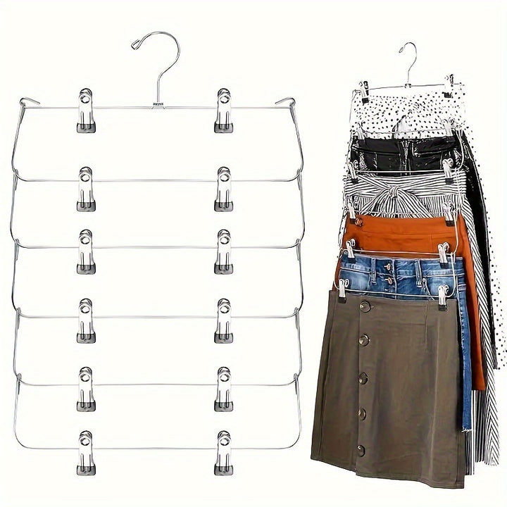 6-Tier Metal Skirt and Pant Hanger with 12 Clips, Space-Saving Closet Organizer for Shirts, Ties, Belts, Scarves, Socks, and Bras - Black, Multiitem Hanger | Vertical Hangers | Sturdy Clothes Hanger, Hangers for Clothes