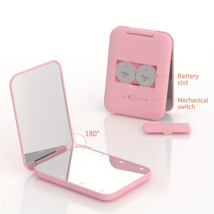 1X/3x Magnified LED Mini Travel Makeup Mirror, Compact, Double-Sided, Portable, Folding, Hand-Held, Small Lighting, Unscented, Plastic Surface, Non-Rechargeable Button Battery (Diameter≥20mm) Power, Varnished Plastic Frame,