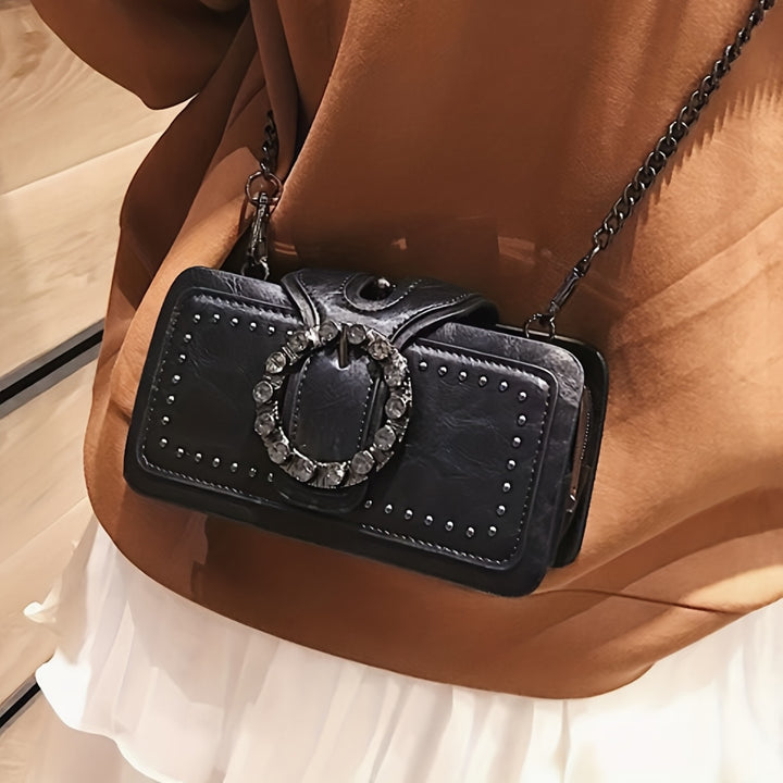 Retro Black Multi-layer Clutch Bag - Rivet Motorcycle Chain Shoulder Bag for Mobile Phone - Small Square Bag