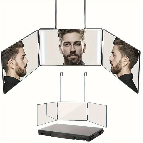 360° rotating 3-Way Trifold Mirror - Height Adjustable with Hooks for Effortless Self-Hair Cutting & Makeup Application