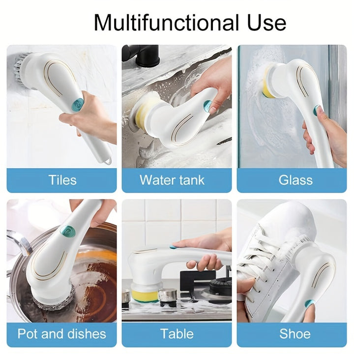 A Cordless Handheld Cleaning Brush with 5 Interchangeable Brush Heads, a Portable Rotating Scrubber, Suitable for Use in Bathrooms, Bathtubs, Wall Tiles, Floors, And Kitchens.