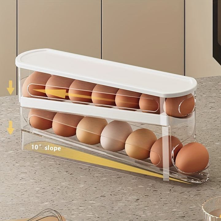 Automatic Egg Storage Box for 12-14 Eggs with a Double-Layer Sliding Design - a Fresh Egg Organizer with a Flip Cover