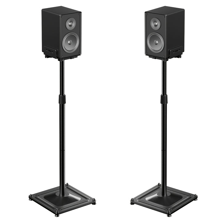 Par de Soportes de Altura Ajustable Universales para Altavoces - Soporta Altavoces Satelitales y de Estantería de hasta 11 lbs, Altura Ajustable de 33.3" a 45.1", Diseño Robusto y Duradero, Color Negro