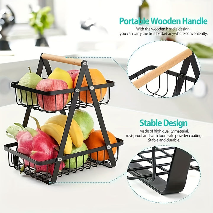 Modern Metal Fruit and Vegetable Basket with Detachable Bowl-Shaped Storage and Wooden Handle for Kitchen Organization, Perfect for Christmas/Halloween Gift, Countertop, Bathroom