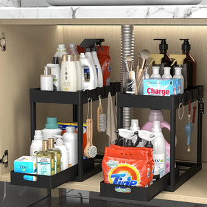 Under Sink Organizer 2 Pack, Bathroom Cabinet Organizer, 2 Tier Sliding Cabinet Basket Organizer Drawer, Multi-Purpose Bath Collection Baskets