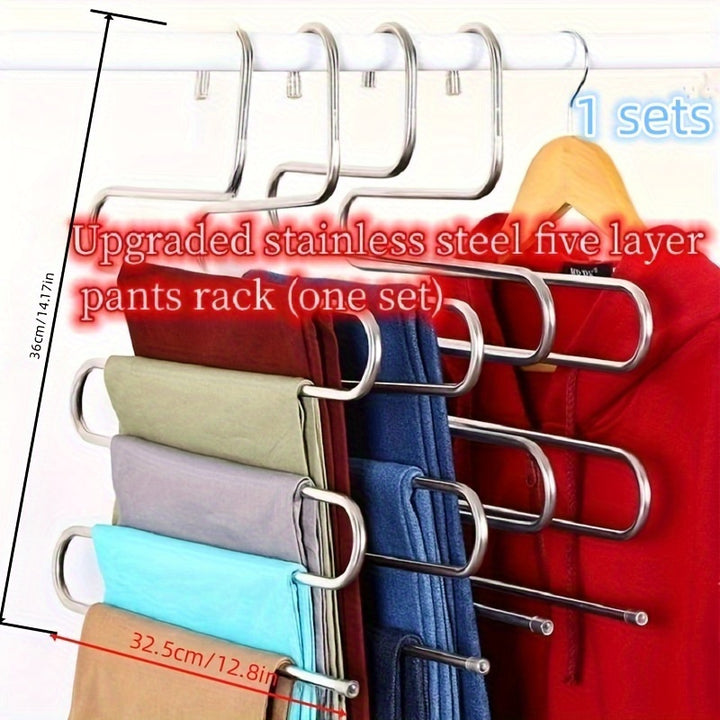 1pc Stainless Steel Multi-Layer S-Shaped Pants Hanger, Space Saving Non-Slip Closet Organizer for Trousers, Towels, Scarves