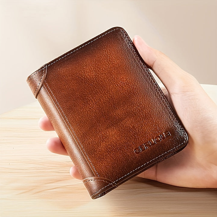 Men's Ultra-thin Double-folded Leather Front Pocket RFID Wallet with 2 ID Card Windows