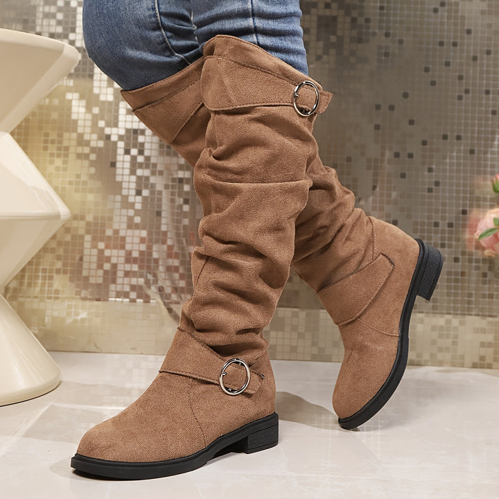 [Botas de Color Sólido de Moda] Botas de Color Sólido de Moda para Mujer, Botas Altas de Rodilla con Hebilla y Tacón Grueso, Botas de Invierno con Punta Redonda y Caídas