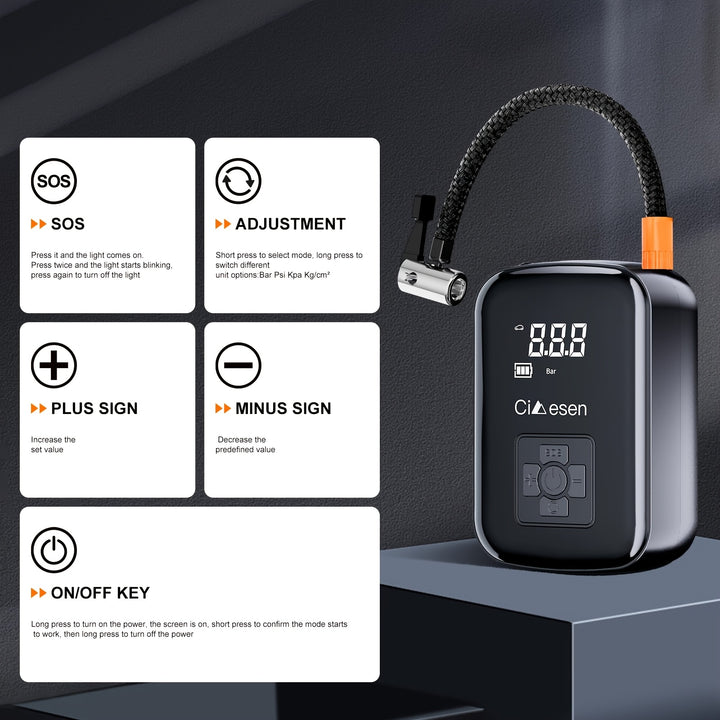 1 Pc Portable Tire Inflator with Digital Display - Fast Cordless Air Compressor, USB Rechargeable, Multi-Function Nozzle Adapter