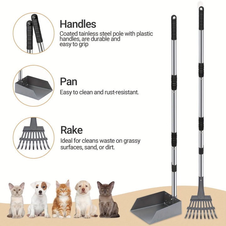 Ensemble de ramasse-crottes en acier inoxydable pour chien, plateau et râteau durables et résistants à la rouille, pelle de collecte des déchets pour animaux avec poignées réglables, facile à nettoyer, idéal pour toutes les races.