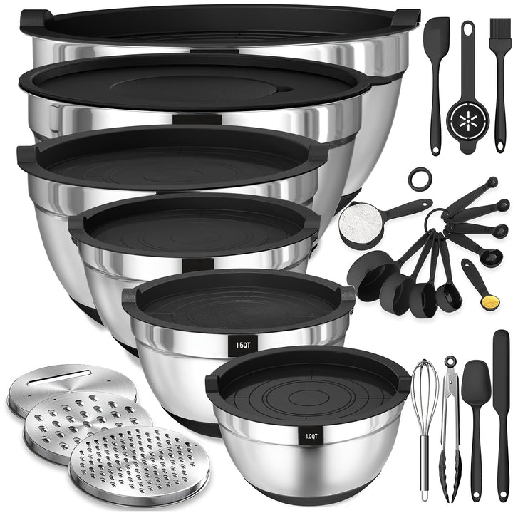 Mixing Bowls with Airtight Lids, 26 Pcs Stainless Steel Bowls Set, 3 Grater Attachments & Black Non-Slip Bottoms Size 7, 4, 2.5, 2.0, 1.5, 1QT