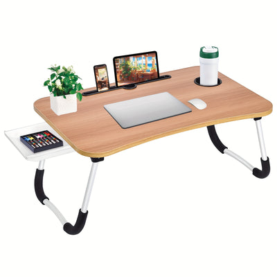 Portable Foldable Laptop Bed Desk Tray with Cup Holder & Drawer - Hardwood & Metal Construction, Large Lap Table for Reading, Writing & Studying - Ideal for Bed, Sofa, Couch - No Assembly Required, Laptop Table for Bed