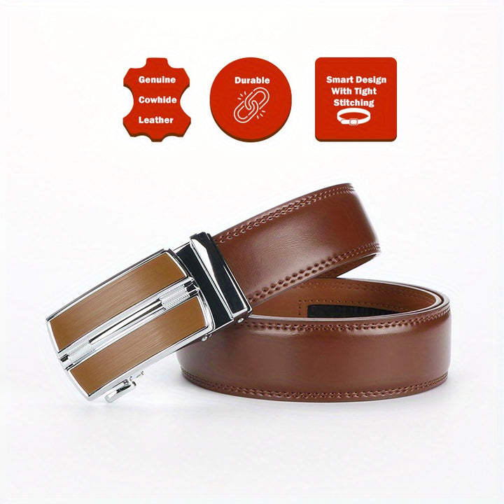 Men'S Genuine Leather Ratchet Belt, Cool And Handsome Style, Adjustable Automatic Square Alloy Buckle, Durable Two-layer Cowhide Panel, for Casual Business Wear