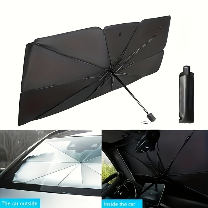 Compact Roll-Up Sunshade for Front Window - Heat Insulation and UV Protection, Easy-to-Use Auto Interior Accessory, UPF50+ Material, Fits Most Vehicles, Sun Protection Curtain | Sleek Black Umbrella Design | Easy Handling, Ca