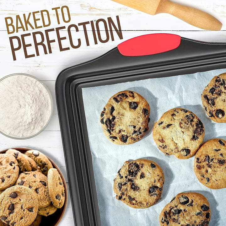 3pcs Carbon Steel Non-stick Kitchen Oven Baking Pan, Luxurious and Fashionable Non-stick Inside and Outside, Commercial Grade Restaurant Quality Metal Baking Pan, with Red Silicone Handle