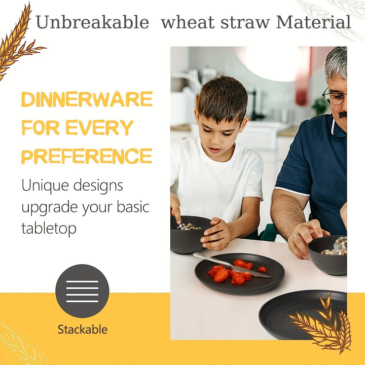 Premium straw tableware set, 16 unbreakable tableware sets, microwave and dishwasher safe, black set of 8 plates, 4 bowls, 4 cups.