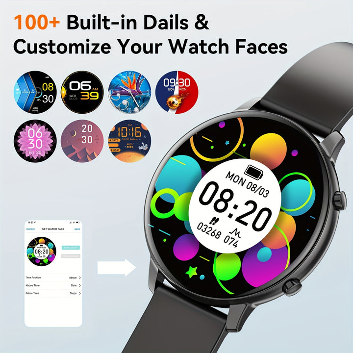 Smart Watch Fitness Tracker - Circular Touch Screen Watch For Android iOS Mobile Phones - Sedentary Reminders, Music Control, Lift Bowl Light Screen