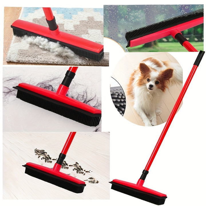 [Long Handle Pet Hair Remover] Pet Hair Remover Rubber Broom With Squeegee - Carpet Rake For Floor Cleaning - Long Handle Push Sweeper - Ideal For Collecting Pet Hair And Debris