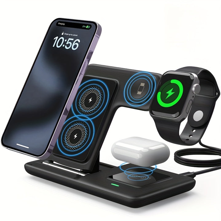 [Mingmai Wireless Charger] Mingmai 3-in-1 Folding Wireless Charging Station | for iPhone 15, 14, 13, 12, 11/Pro/Max/Mini/Plus, AirPods 3/2/Pro, and Apple Watch 1-9 - Magnetic USB Charging Base with LED Indicator, Black, iPhon