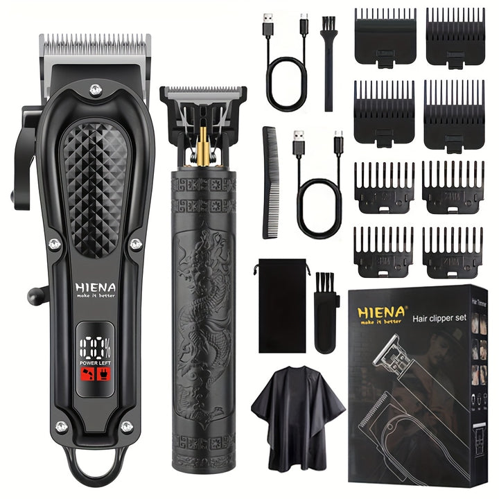 HIENA PRO Men's Hair Clippers & Beard Trimmers Set - 2pcs, USB Rechargeable, 1500mAh Lithium Battery, with Limit Comb & Barber Cloth for Home Grooming