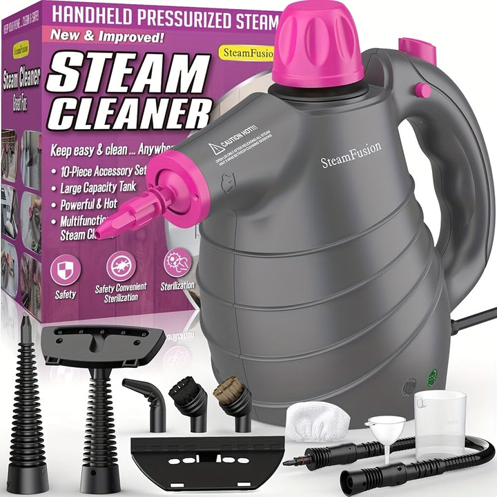 Hattyroom Handheld Pressurized Steam Cleaner 12pcs Accessories Multi-Surface Steamer For Home, Car, Floor, And Furniture Safety Lock, 11.83oz Large Water Tank Powerful Hot Steam 1050W With Fast Heat-Up, Chemical Free Cleaning