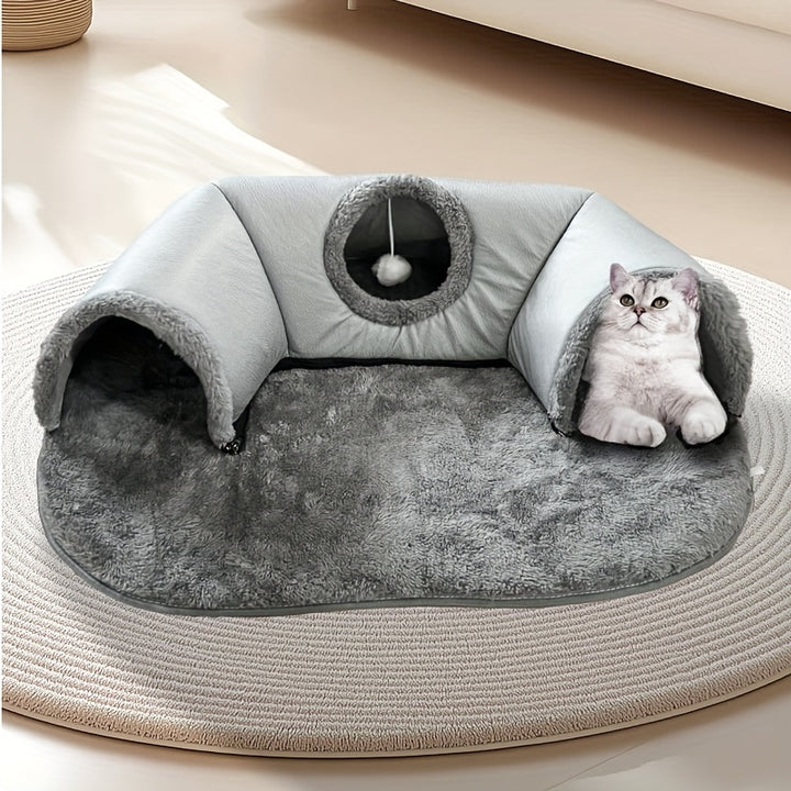 Tunnelle de chat confortable 3-en-1 - Tapis de jeu et nid chaud avec fond antidérapant pour chats de petite à moyenne taille, lapins et hamsters