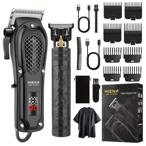 Set de Cortapelos y Recortadores de Barba HIENA PRO para Hombres - 2 piezas, Recargable por USB, Batería de Litio de 1500mAh, con Peine Limitador y Tela de Barbero para Aseo en Casa