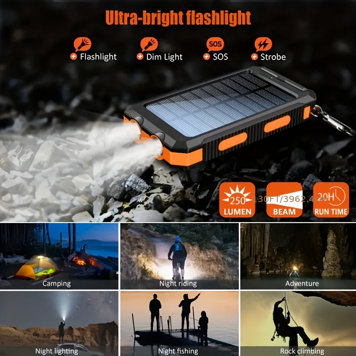 Cargador portátil USB banco de energía solar para teléfonos celulares, batería externa de respaldo para camping, salida de doble puerto USB de 5V, 2 luces LED linterna con puntero