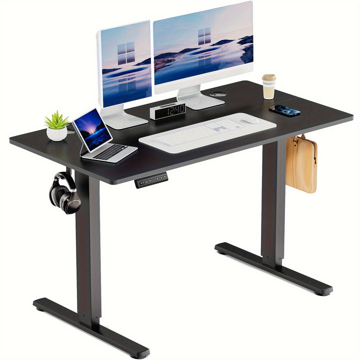 63" Adjustable Height Electric Standing Desk - Modern Wooden Workstation with 4-Panel Display Setup, Storage Shelf & Hooks for Home Office, Bedroom, or Gaming Room, Workspace Organizer | Sleek Metal Frame | Iron Construction,